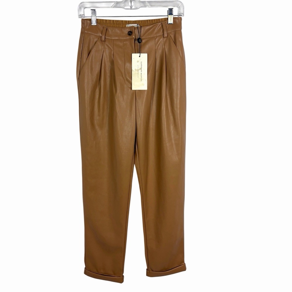 Summum Woman Amsterdam Faux Leather Pants Walnut Brown Pleated XS EU 34 NWT